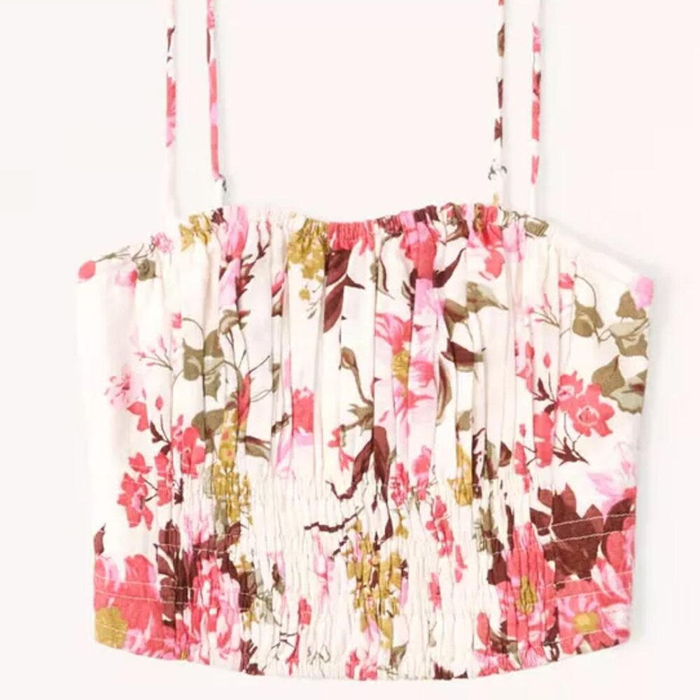 Abercrombie Floral Linen-Blend Ruched Set Top